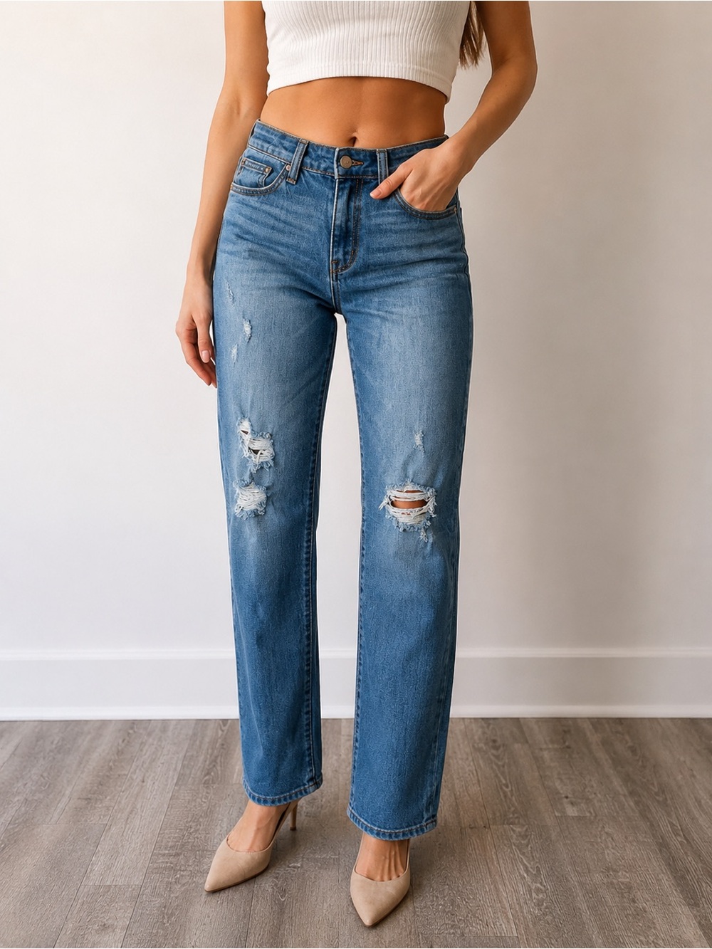 Judy Blue Medium Wash Distressed Straight Leg Jeans Size 7/28